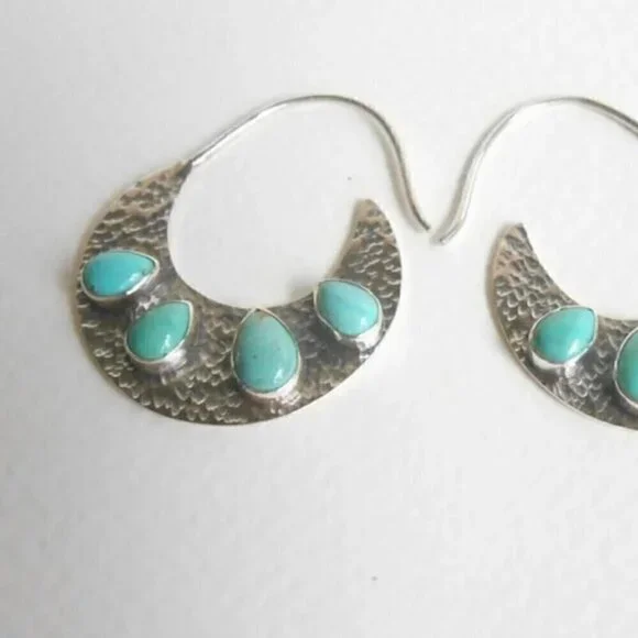 Medium Silver Tone Feather Spiral Earrings in Turquoise Blue #1320 - Picture 8 of 12